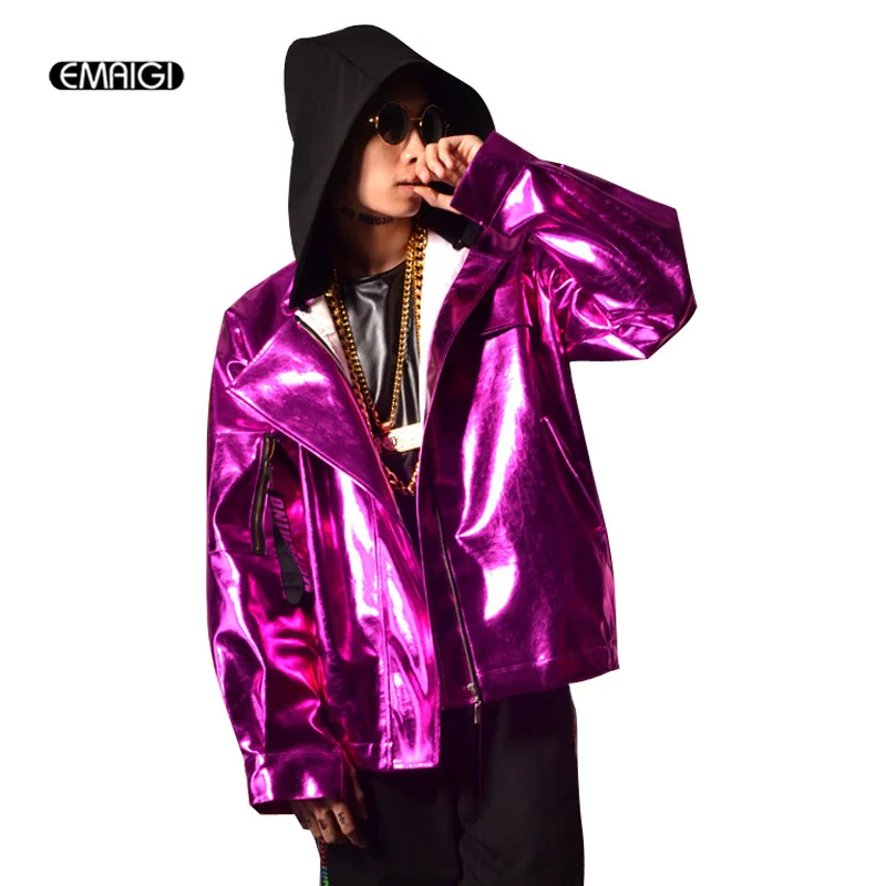 

Men Purple PU Leather Jacket Hooded Loose Baseball Coat Male Night Bar Hip Hop Hairdresser Jacket Stage Show Costumes
