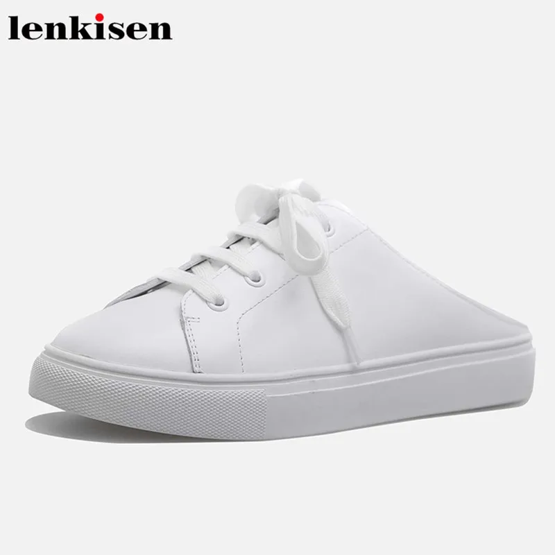 

Lenkisen preppy style summer full grain leather solid round toe slingback slip on low heels lazy party daily woman sandals L63