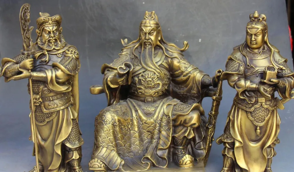

6710670++Chinese Bronze Guangong Zhou Cang Guan Ping Hold Sword Knight Statue Set Statue