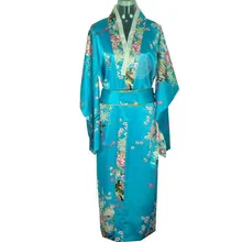 Fashion Light Blue New Japanese Women’s Silk Satin Kimono Yukata Evening Dress Flower One Size Free Shipping H0039