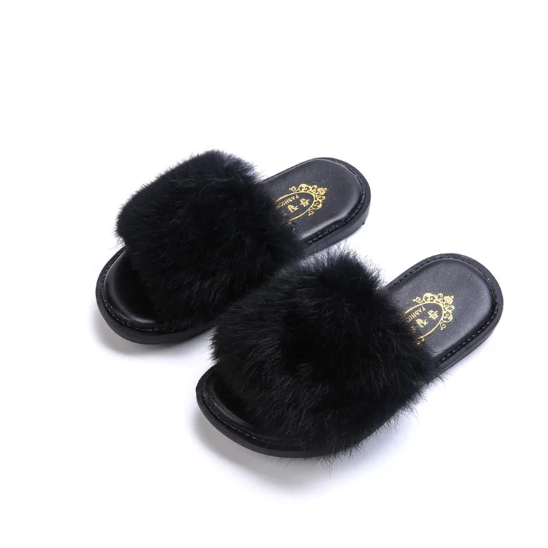 Fashion Girls Sandal Faux Fur Slipper Winter Warm Princess Flat Shoes Home Plush Shoes Kids font