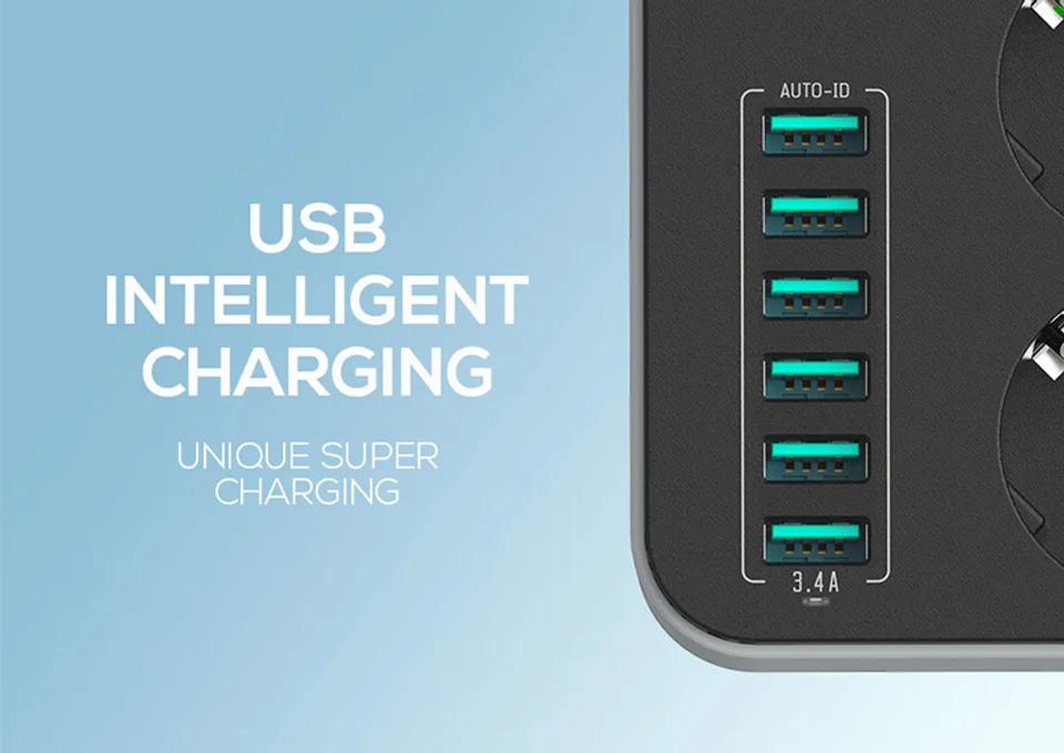 ЕС Plug power Strip с 1,6 м электрический провод-удлинитель 6 usb зарядный порт 3 розетки защита от перегрузки 2500 Вт удлинитель электрический