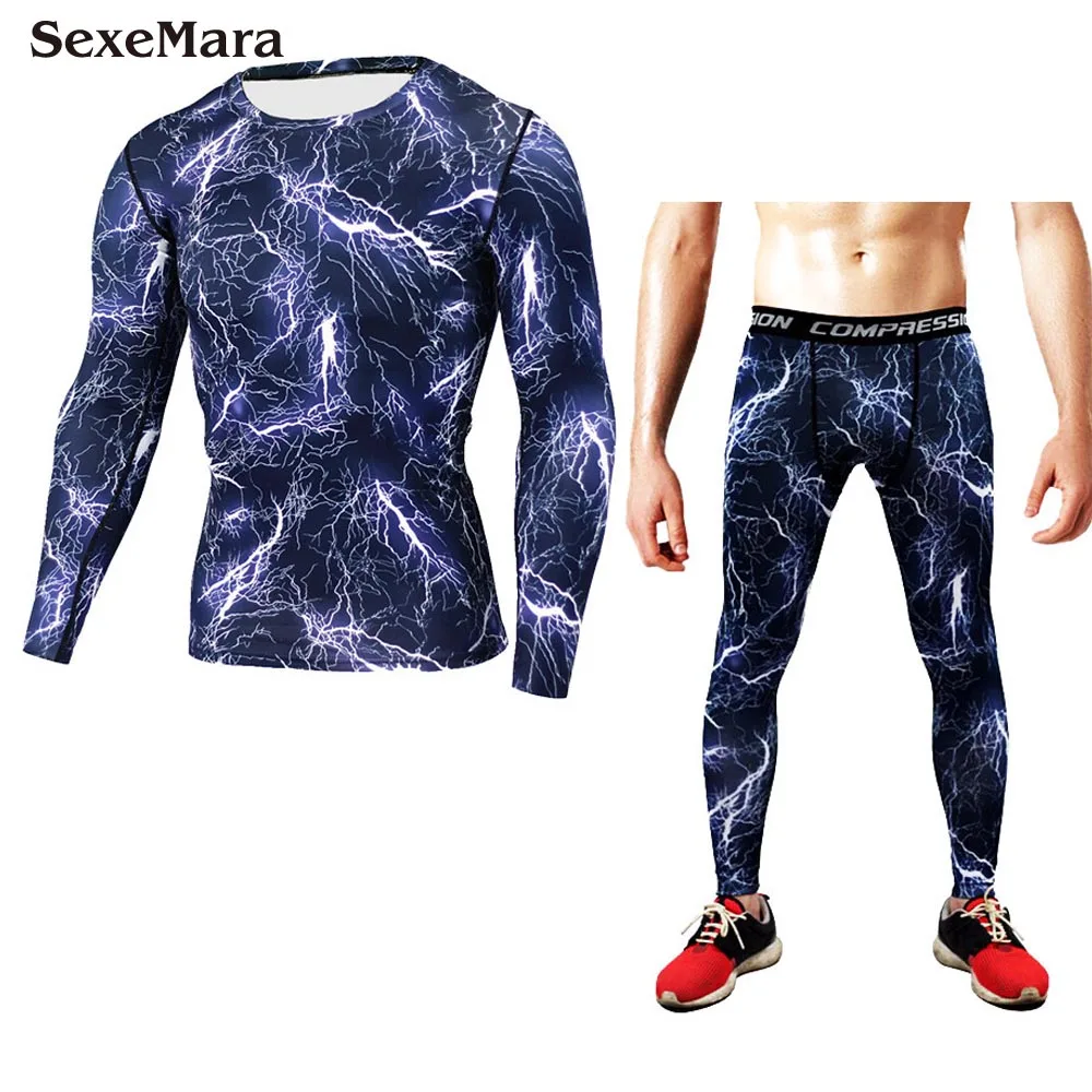 Мужской компрессионный Камуфляжный спортивный костюм для тренировок, фитнеса, активных пробежек, рубашка, брюки для бега, термобелье для мужчин