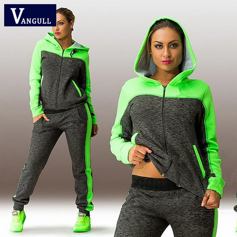 

2019 Spring Autumn New Style Sports Women Stitching color Sets Female Hooded Long Sleeve Sweater Trousers Sports suit woman