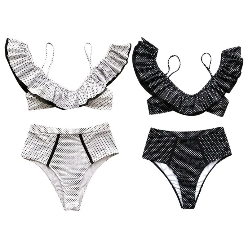 

Women Sexy Two Piece Bikini Set Tiered Lace Ruffles Off Shoulder Bra Vintage Polka Dot Printed Swimsuit High Waist Tummy Control