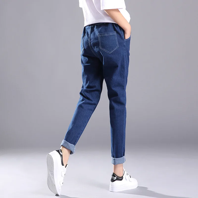 Женские джинсы с высокой талией, эластичные женские джинсы, новая мода, с манжетами, потертые синие джинсы, свободные джинсы-шаровары, классические узкие брюки для лета