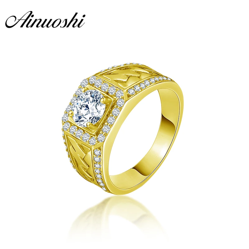 

AINUOSHI 10K Solid Yellow Gold Male Band Rows Drill Square Halo Ring Engagement Wedding Male Jewelry 5.7g Exquisite Wedding Band