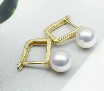 

free shipping>>>>noble jewelry Elegant 5.5-6mm Round White Real Akoya Pearl Earrings 14K Solid Yellow Gold AAA