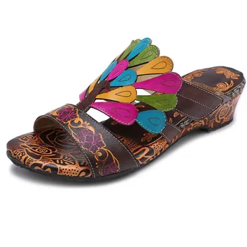 

Ethnic Style Hot Sale Bohemian Slope With Large Size 32-42 Vintage Peacock Handmade Slides Comfortable Shoes Woman Slippers