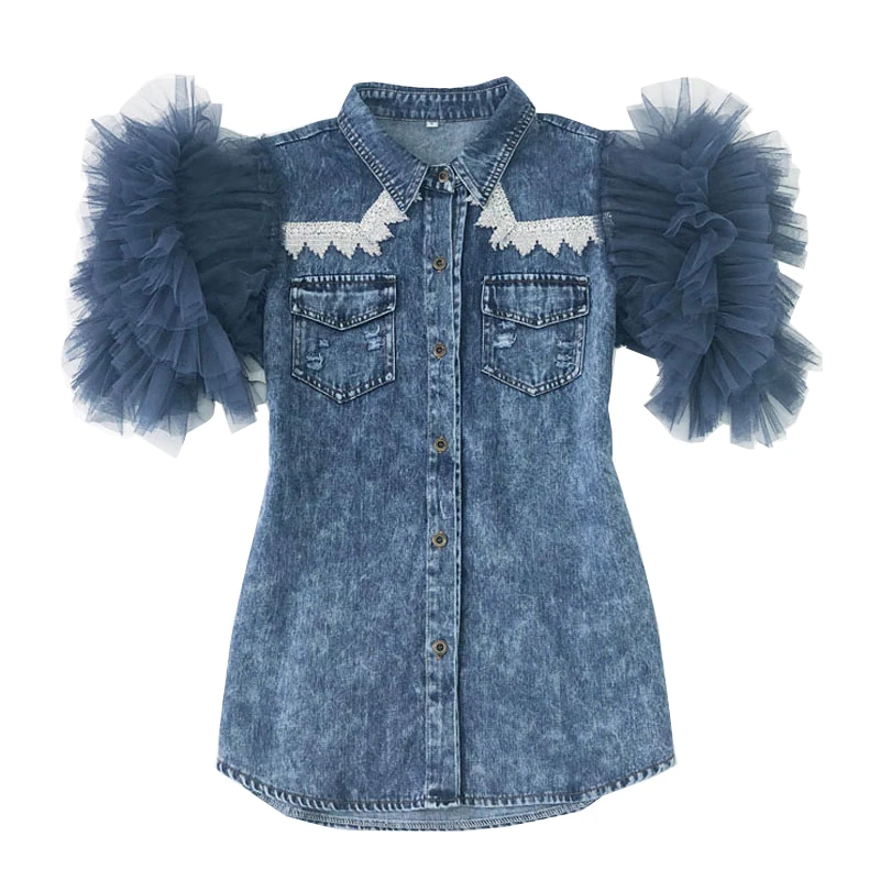 

Z-ZOUX Women Shirt Mesh Patchwork Flare Sleeve Denim Womens Tops Blouses Ruffles Irregular Vintage Sexy Top Women Clothes 2019