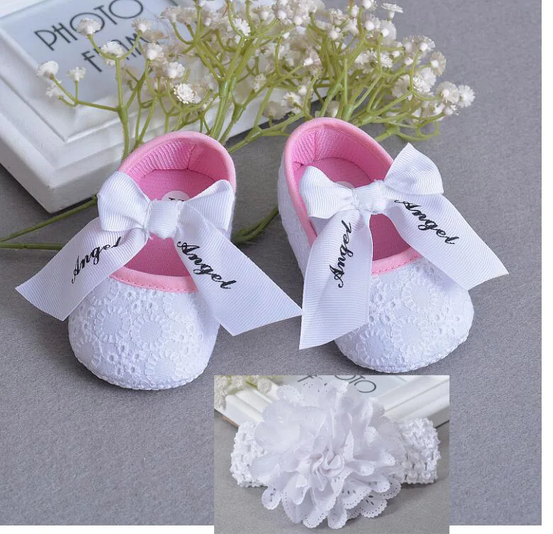 

Soft Sole Flower Newborn Baby Girl Christening Shoes Baptism Lovely Letter Ribbon bow Lace non-slip First Walkers with headband