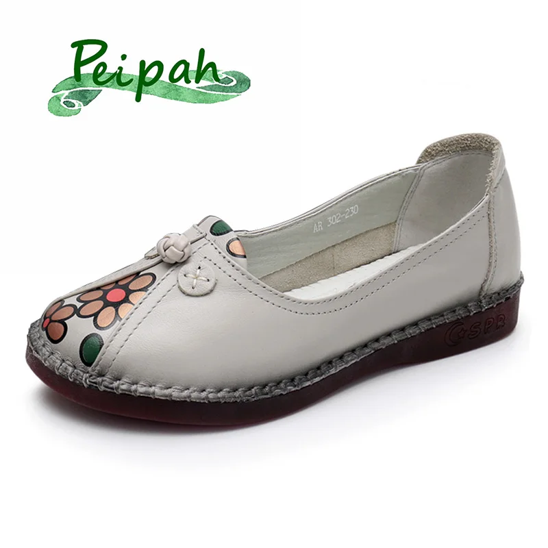 

PEIPAH Patchwork Women's Shoes Genuine Leather Handmade Retro Shallow Casual Ladies Loafers Slip On Flat Shoes Woman