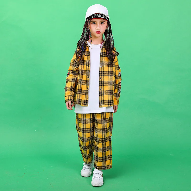 2019 New Children Hip-hop Street Dance Performance Costume Autumn Boys Girls Loose Jazz Dance Show Yellow Plaid Shirt Pants Set (7)