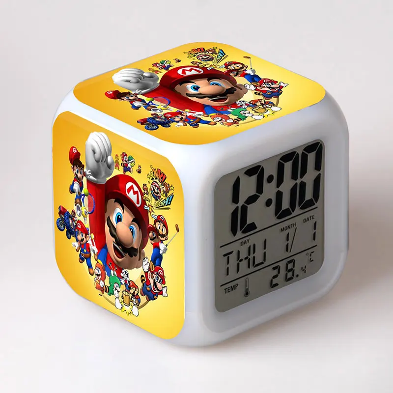 Super Mario Bros Anime Figurines Clock Alarm LED Colorful Luminous Light Thermometer Luigi Mario Yoshi Action Figures Toys
