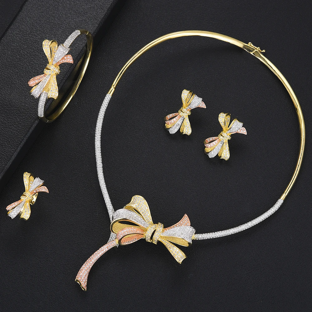 

Sweet Romantic Bowknot Women Wedding Jewelry Sets Silver Cubic Zirconia Jewelry Findings Necklace Earrings Bangle Ring Set