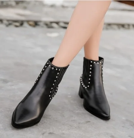 

Ankle Pointed Toe Fashion Concise Chelsea Boots Women Med Square Heel Elastic Band Flock Martin Boots Rivet Solid Ladies Shoes