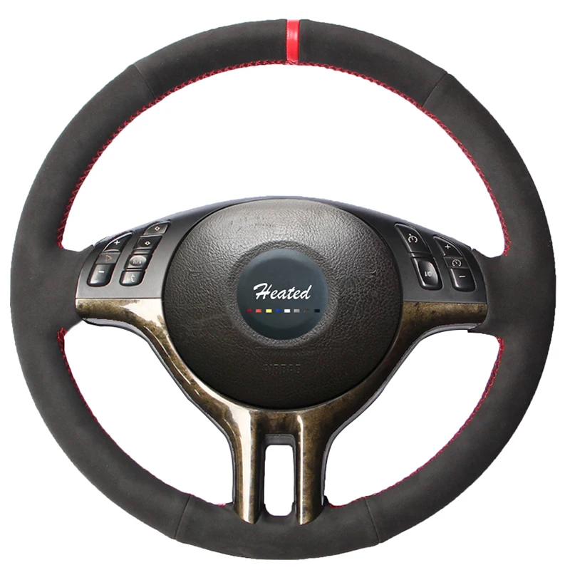 Black Suede Red Marker Car braid on the Steering Wheel Cover for-BMW E39 E46 325i E53 X5
