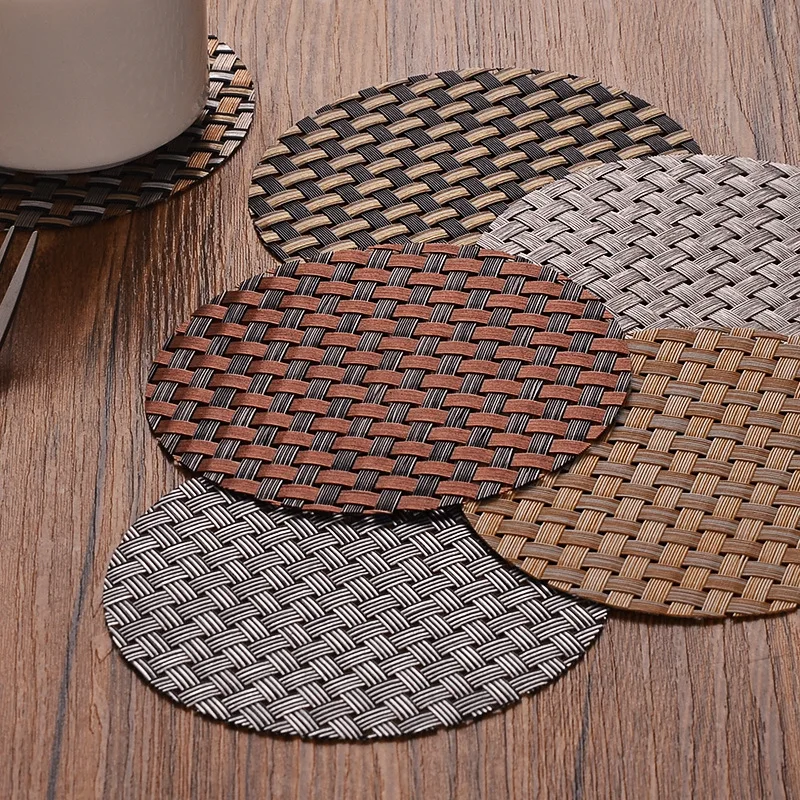 

5 pieces Modern PVC Woven Placemat Round Solid Non Slip Insulation Coaster Large Dinner Mat Set Coffee Table Pad&Mats