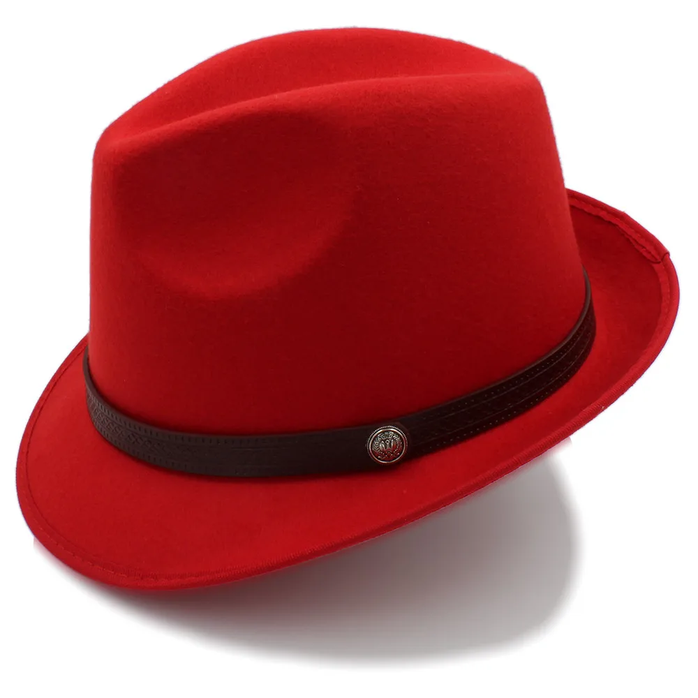 Осенне-зимняя мужская черная фетровая шляпа для джентльмена, Зимняя шерстяная шляпа для церкви, Дерби котелок, Хомбург, джазовая шляпа, размер 58 см - Цвет: Red