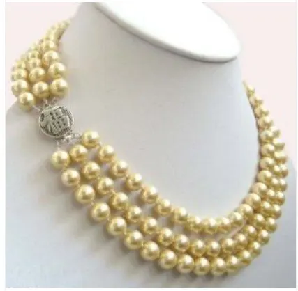 

FREE SHIPPING>>>@@ 3 Rows Yellow Shell Pearl Silver Fortune Clasp Necklace