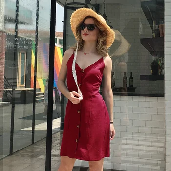 

2018 New Sleeveless Spaghetti Strap Women Dress Solid Color Sexy Sling V-Neck Back Single-Breasted Dresses