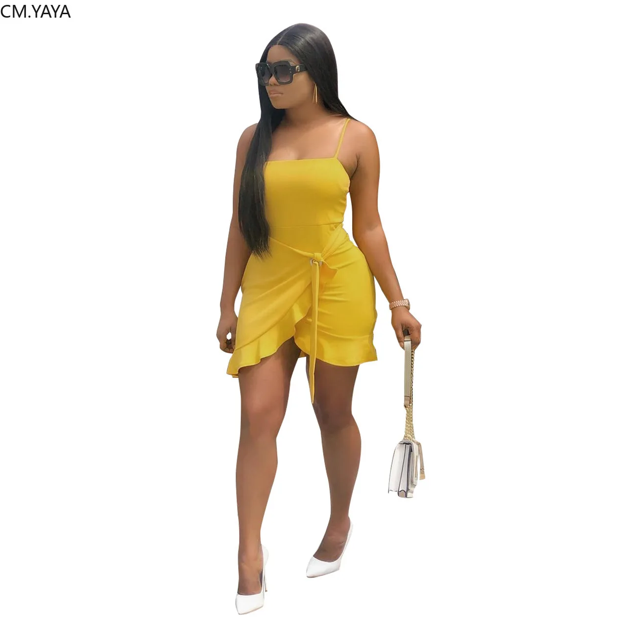 

2019 women summer spaghetti strap high waist sashes ruffles hem mini dress sexy beach bohemian mermaid vestidos dresses GLNK028