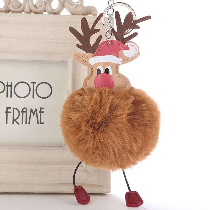 

Faux Rabbit fur Pom Pom Keychain Fluffy Christmas Reindeer Key Chains Women Girls Pompoms Bag Pendant Keychain Christmas Gift