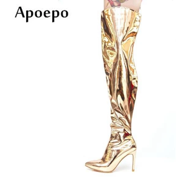 

New Fashion Metallic Leather High Heel Boots 2018 Pointed Toe Over the Knee Woman Boots Punk Style Sexy Thigh High Boots