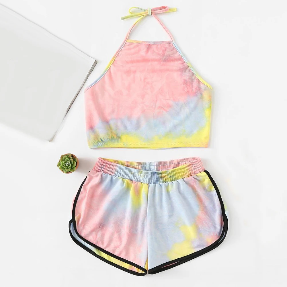 2 قطعة/المجموعة الصيف النساء التعادل صبغ الرسن دعوى أكمام عارية الذراعين المحاصيل أعلى السراويل 2 قطعة/المجموعة الصيف النساء التعادل صبغ الرسن دعوى أكمام عارية الذراعين المحاصيل أعلى السراويل