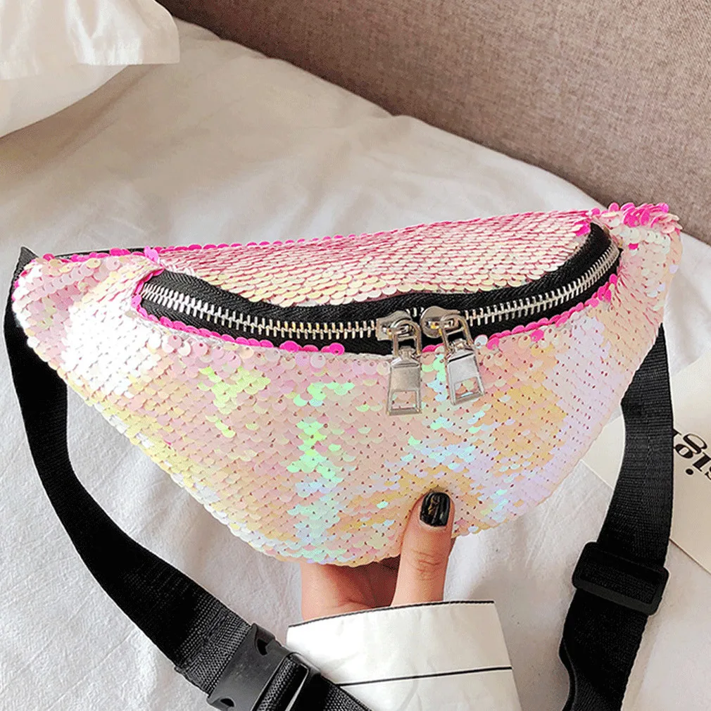 

New Women Waist Bag Lovely Sequin Leather Travel Casual Bag For Lady Wallet Bum Bag Fanny Pack Travel Waist Money Belt Zip