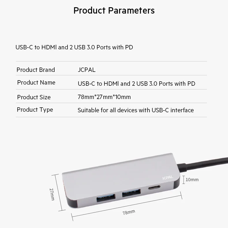 JCPAL USB-C концентратор type-C PD мощность 60 Вт HDMI 4 к видео 2x USB3.0 USB-C док-станция адаптер