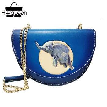 

Semicircle Designer Genuine Leather Women's Small Blue Saddle Bag Hand Stitched Engraved Purse Female Single Cross Shoulder Bag