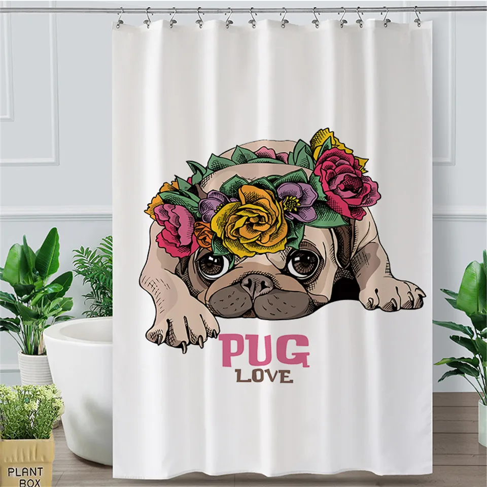 BlessLiving Puppy Shower Curtain Love Pug Rose Waterproof Bathroom