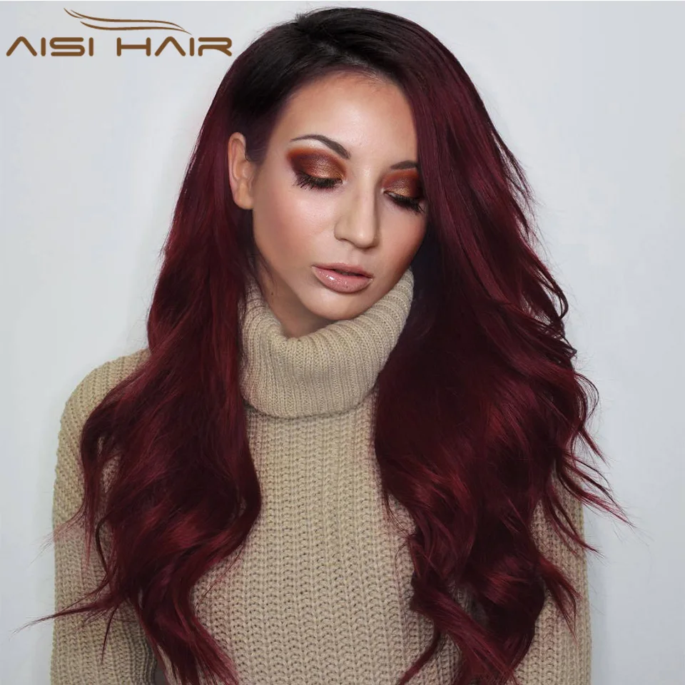 I's a wig 24 inch Ombre Dark Red Long Wavy Wig Perucas front lace Hair Synthetic Lace Wigs for Black Women Wave wig I's a wig 24 inch Ombre Dark Red Long Wavy Wig Perucas front lace Hair Synthetic Lace Wigs for Black Women Wave wig