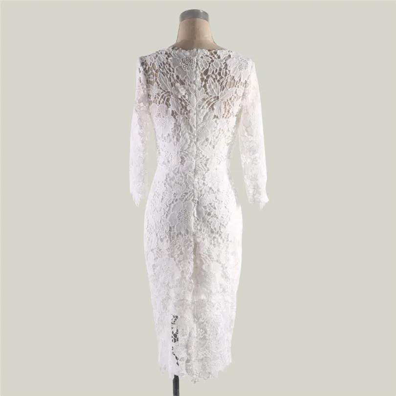 Solid Lace Dress Women Wrist Sleeve White Dress O Neck Party Dress Elegant Bodycon Dress Vestidos Free Shipping #F#40SR260