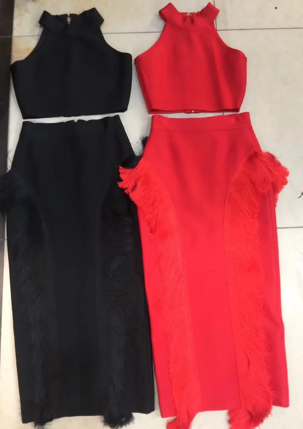 Сексуальное платье без рукавов с кисточками, комплект из двух предметов, Бандажное платье, красное, черное, летнее женское платье, элегантное миди Клубное вечернее платье