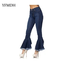 Ультра эластичный синий кисточкой синий джинсы женские брюки для женщин женские ботильоны-длина Flare Брюки джинсы