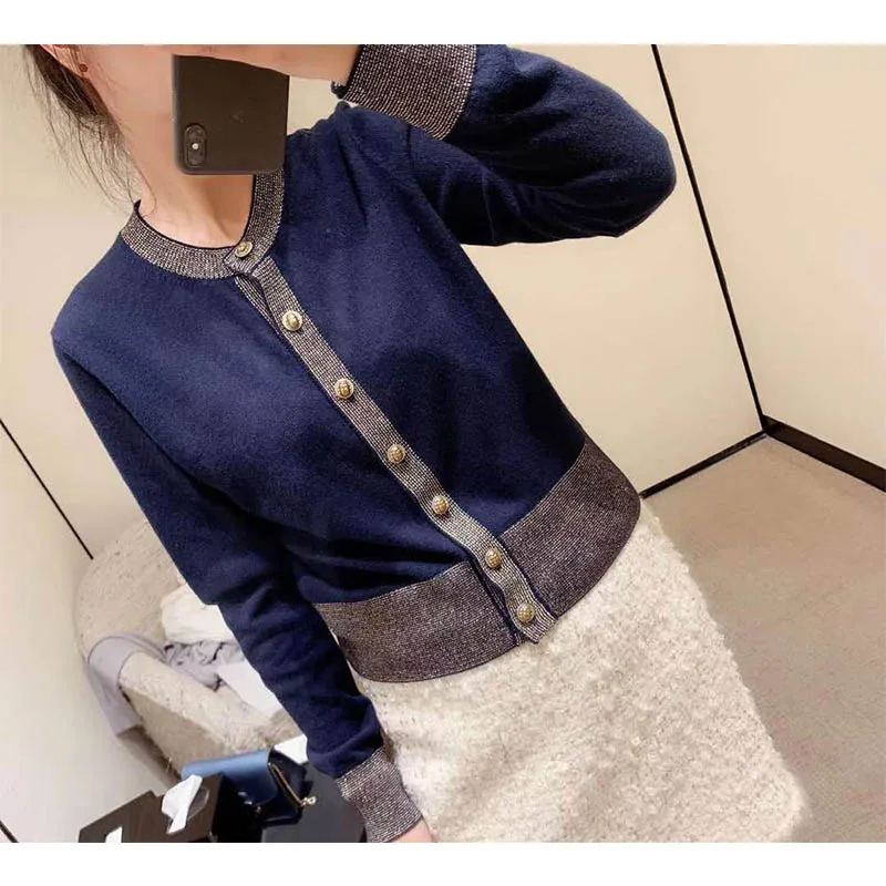 Cosmicchic Women Single Breasted Cashmere Cardigan Gold Line Beetle Button Brid Print Long Sleeve Sweater High Quality Knitted