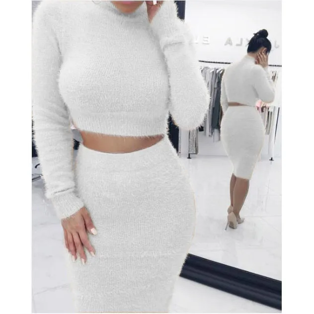 

Winter Soft Warm Knitted O Neck 2 Pieces Set Casual Full Sleeve Sweater Skirt Female Sweater Suits Set Two Piece Set Women