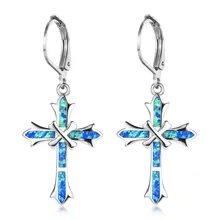 23MM Statement Charm 925 Sterling Silver Clip Earrings Luxury White/Blue Fire Opal Cross Earrings For Women Jewelry Gifts