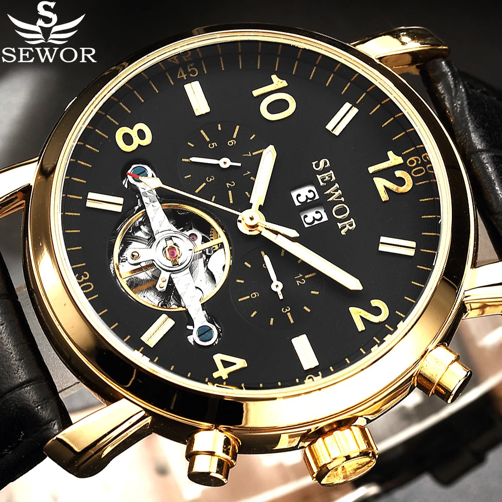 SEWOR Tourbillion черные Золотые механические часы для мужчин модные повседневные
