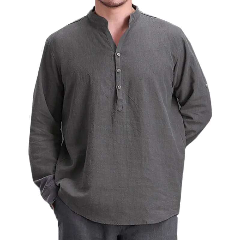 2019 Tee Shirts Tops Men Basic Pullover Tshirts Cotton Line Long Sleeve Stand Collar Buttons 