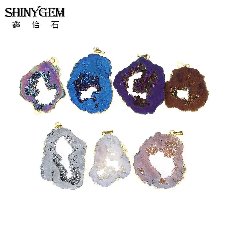 

SHINYGEM Natural Druzy Crystal Pendant Multi Color Thickness Real Natural Stone Pendant Raw Crystal Pendant Connector Charm 5pcs