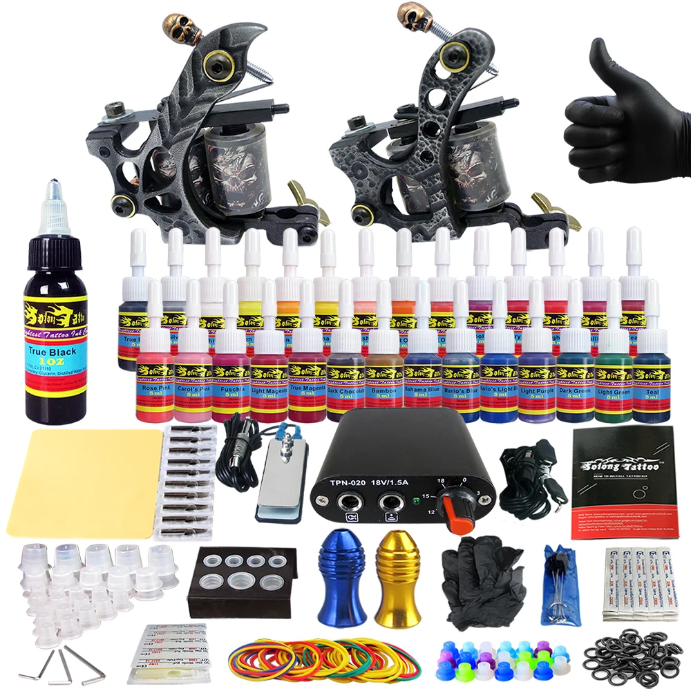

Solong Tattoo Kits Complete 2 Tattoo Machine Guns Set 28Ink Power Pack TK204-23