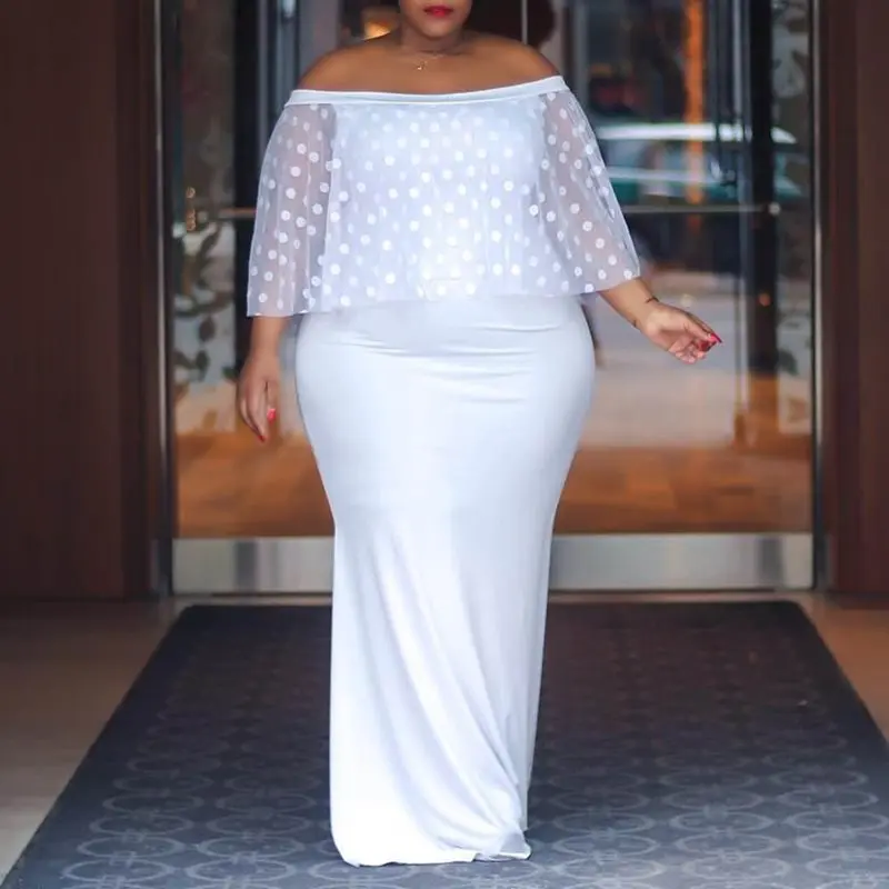 

Mesh See Through Off Shoulder Plus Size White Dress Summer Maxi Africa Party Evening Floor Length Summer Big Size 3XL Long Dress