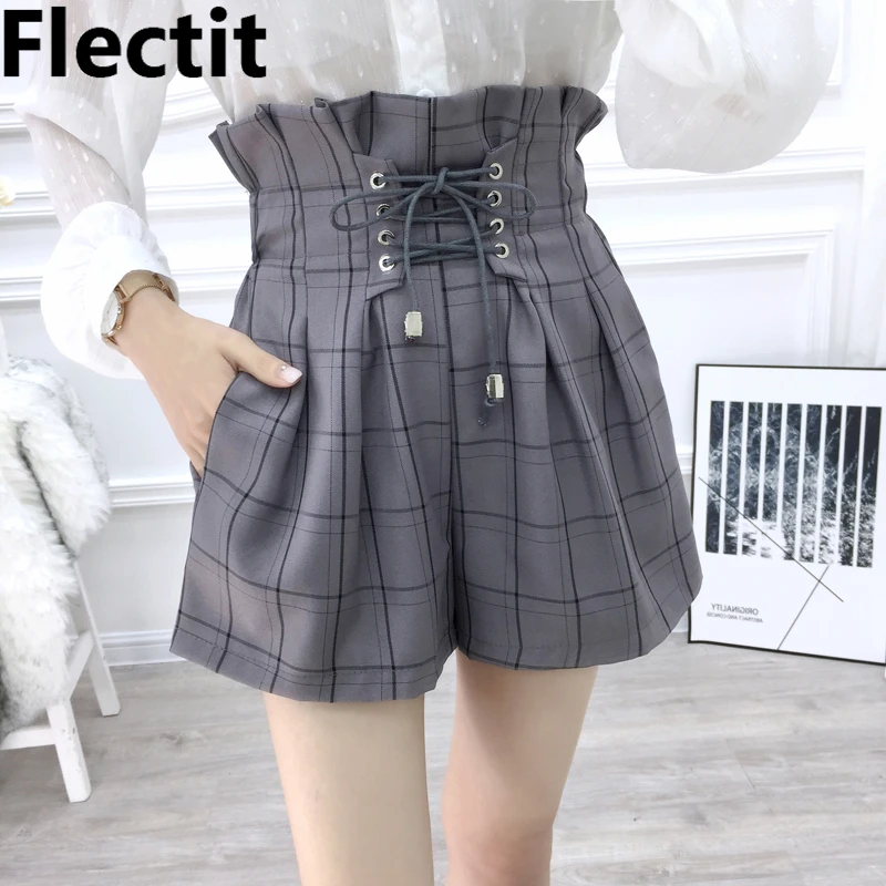 

Flectit Plaid Lace-up Paperbag Shorts Women High Waist Check Hot Shorts Japan Harajuku Girls Ladies Outfits *