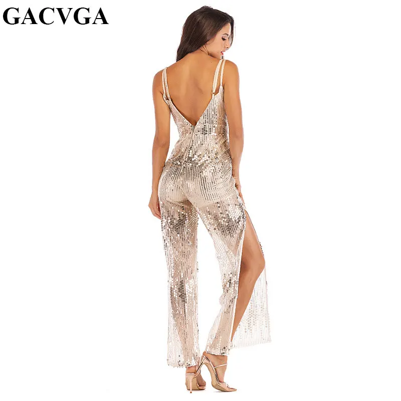 

GACVGA 2019 Silver Sequin Jumpsuit Romper Women Sexy Party Suit V Neck Backless Women Clubwear Bodysuit Long Playsuit Overalls