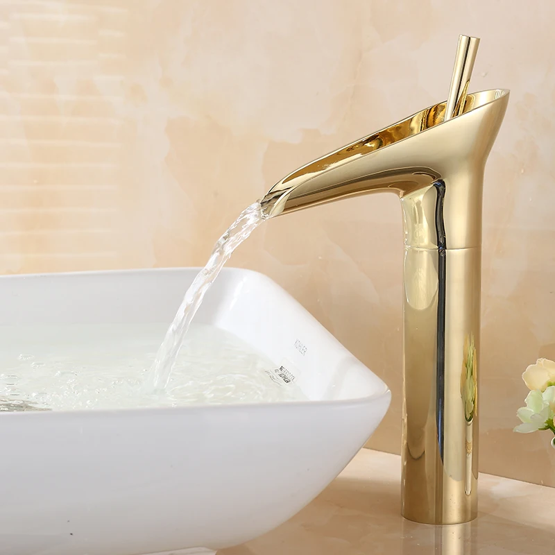 

European golden basin faucet hot antique single hole platform basin waterfall faucet deck mounted single hole