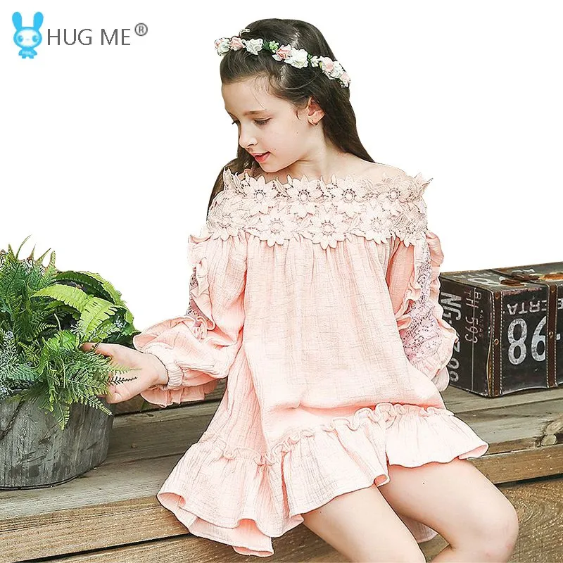 Asymmetrical Pink Princess Dress Girl Kids Party Dress Long Sleeves