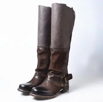 

Winter New Women 100% Real Leather Chocolate/Black/Brown Classic Low Square Heels Round Toe Zipper Knee High Knight Long Boots